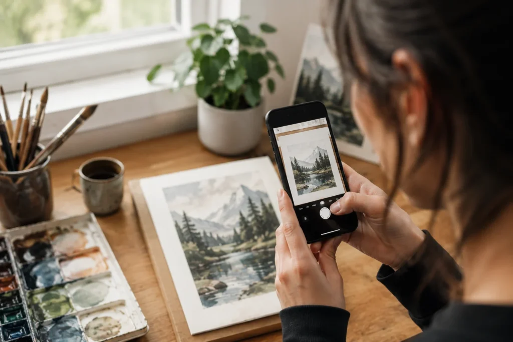 Artist creating social media content with a phone