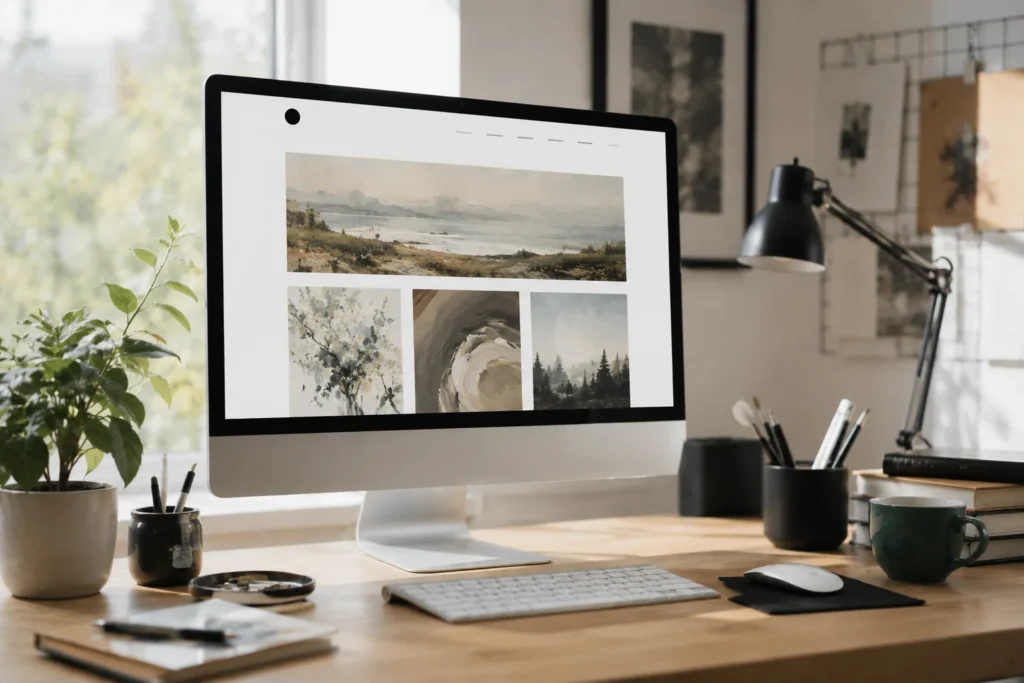 Artist portfolio website on a desktop computer