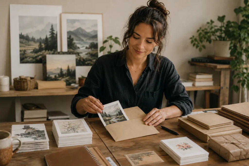 Artist preparing affordable marketing materials